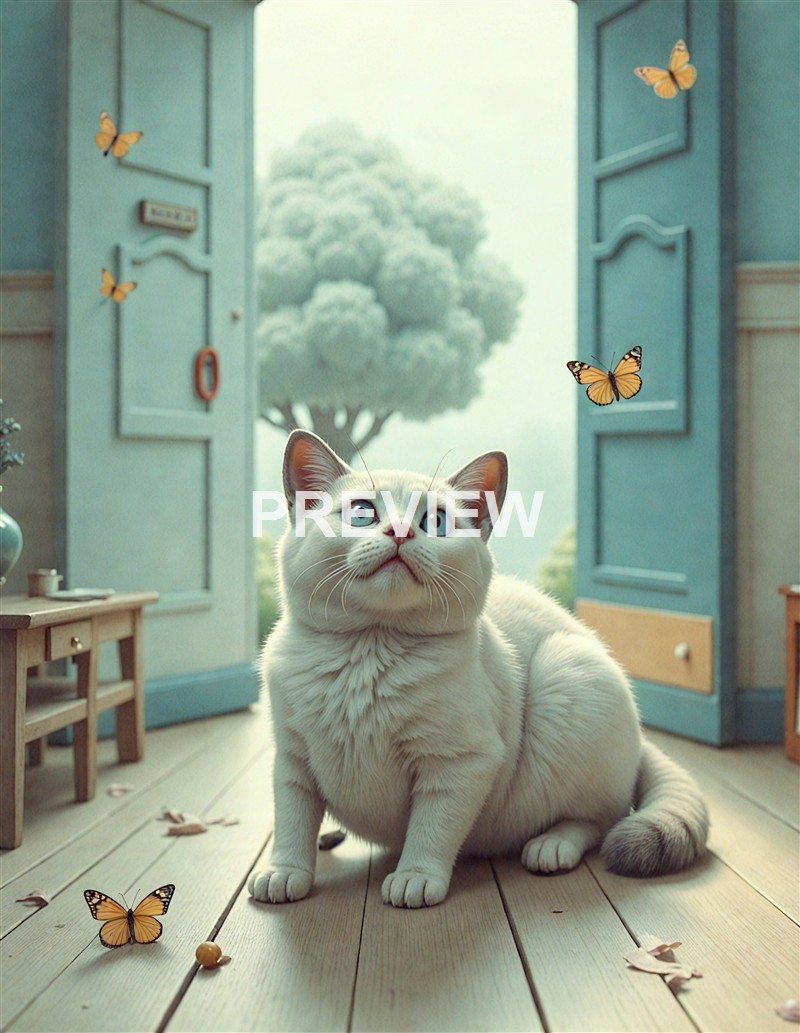 A white cat with blue eyes sitting on a wooden floor inside a room with open blue doors, butterflies flying around, and a large tree visible outside through the open doors.